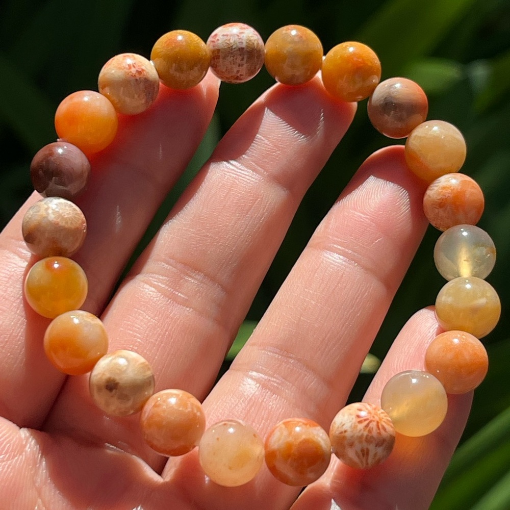 9mm stretchable pink‎ yellow coral jade bracelet 0229